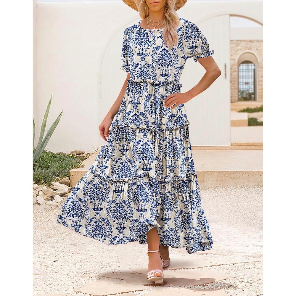 YESNO Bohemian Floral Womens Puff Short Sleeve Long Maxi Dress with Pockets Med